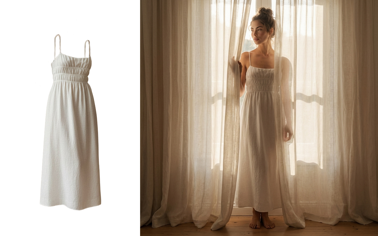 Before and after: White dress product to model wearing dress indoors