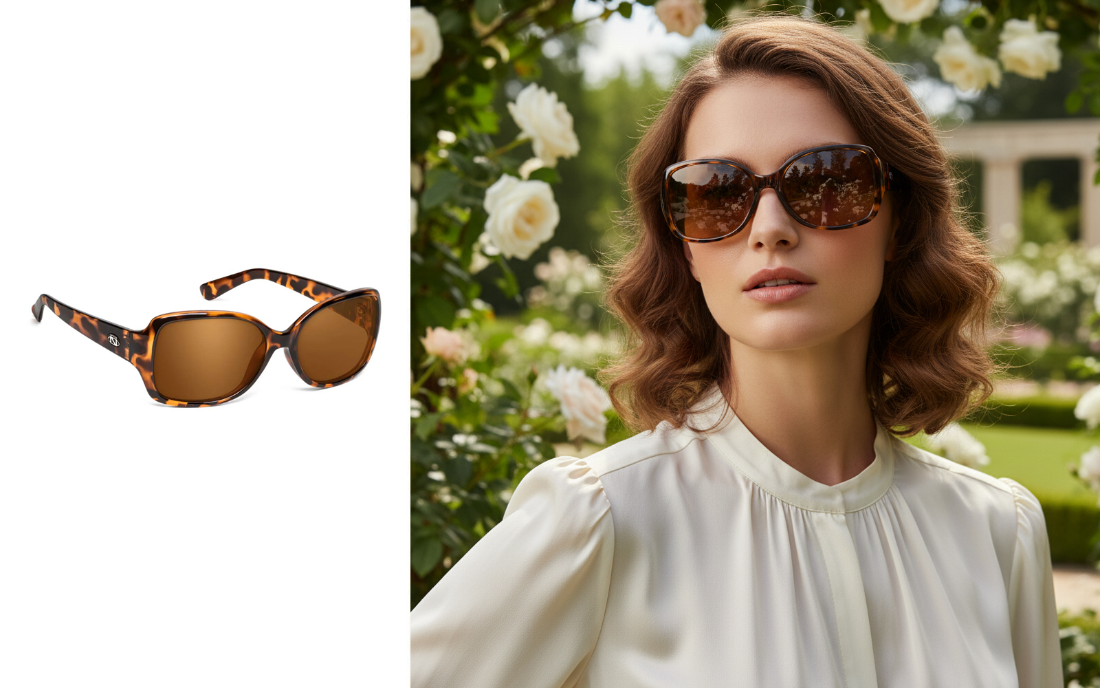 Before and after: Tortoiseshell sunglasses to model wearing sunglasses in garden