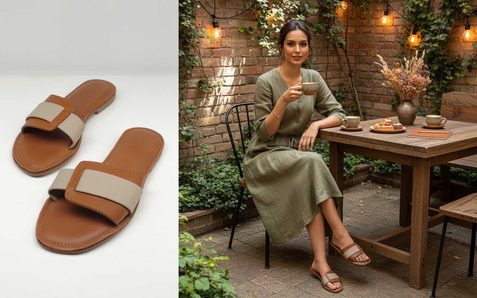 Before and after: Sandals product to model wearing sandals in cafe setting