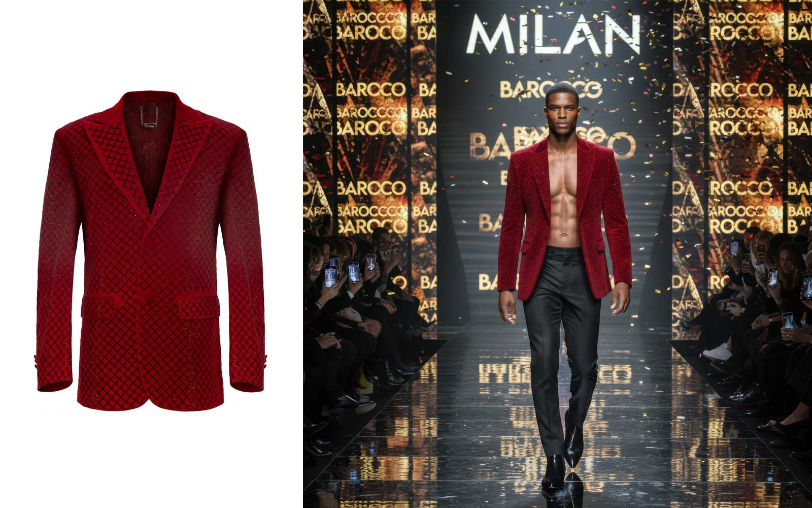 Before and after: Red blazer product to model wearing blazer on runway