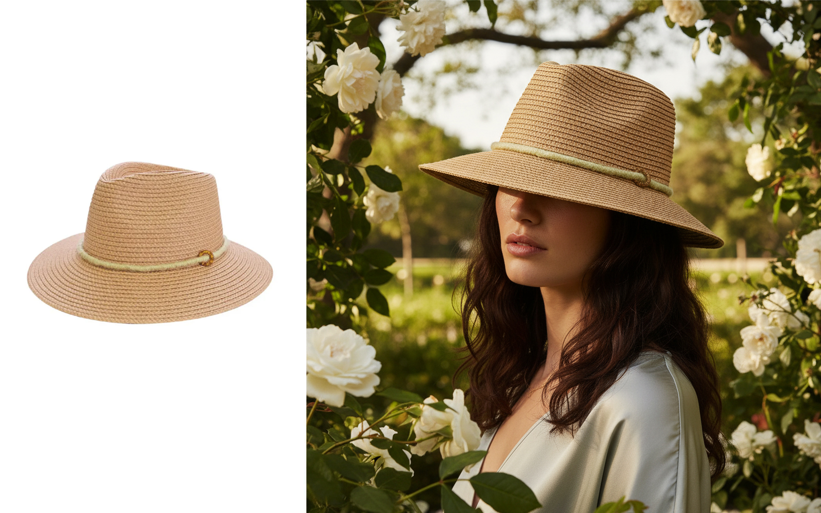 Before and after: Straw hat product to model wearing hat in garden